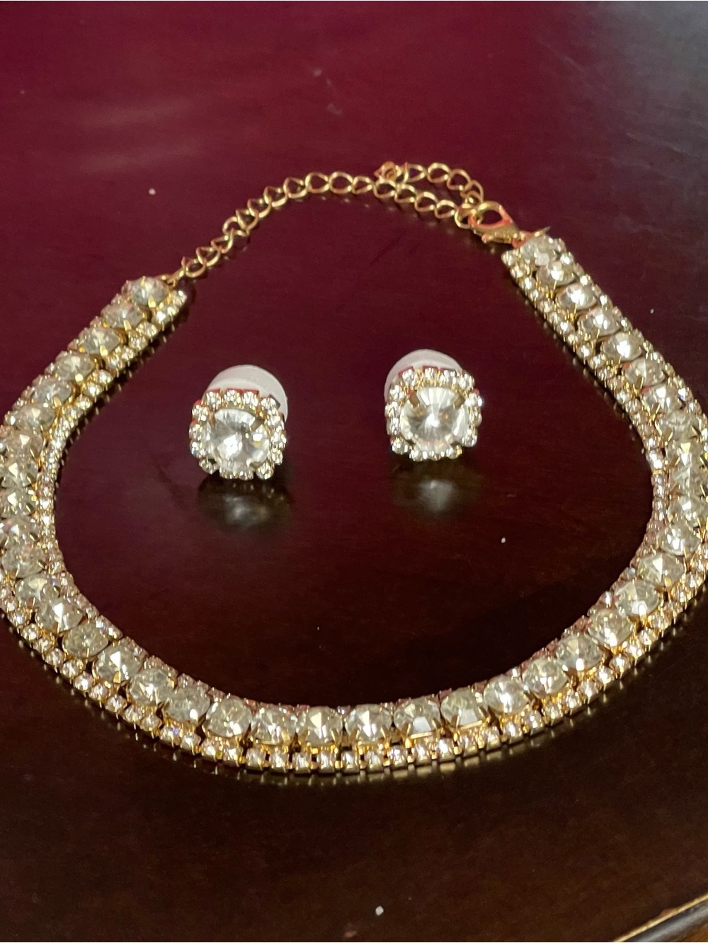 Gold Crystal Tennis Necklace and Stud Earrings Set - White Crystal